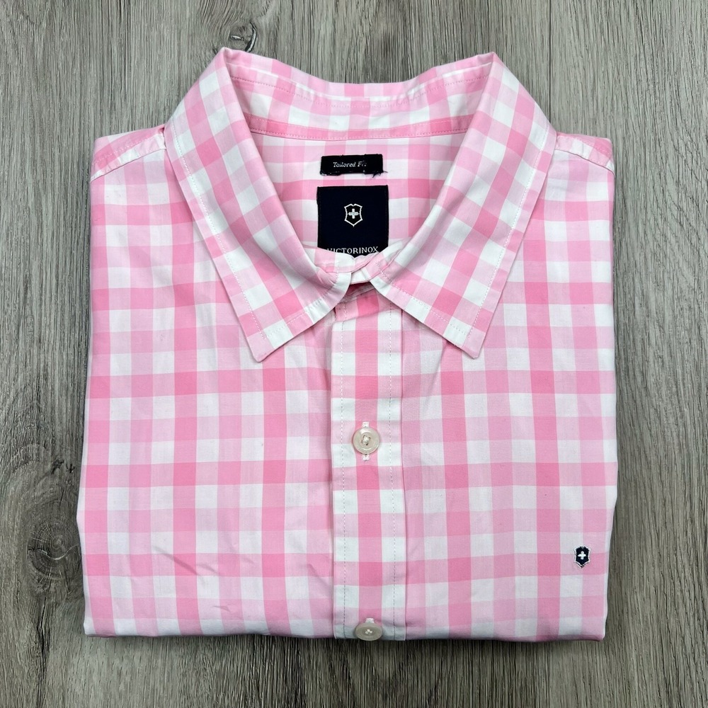 Victorinox Short Sleeve Tailored Fit Shirt Mens Size Medium Pink Plaid